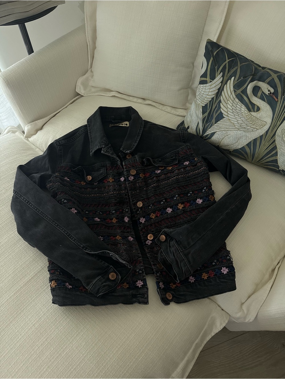 Vintage Topshop Denim charcoal gray embroidered jacket with multicolor accents